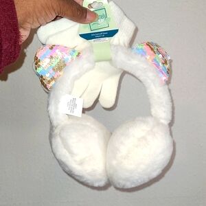 Girls 2-PC White/Pink Earmuffs Multi-Color Sequin Cat and Solid White Gloves NWT